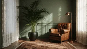 A moody Dutch interior featuring a Kentia palm in a matte black ceramic pot beside a vintage cognac leather armchair, illuminated by filtered afternoon light through lace curtains, highlighting an oak herringbone floor and Art Nouveau ceiling details. A vintage kilim rug adds texture, while a mid-century modern brass lamp casts warm ambient lighting, showcasing a shallow depth of field with a desaturated palette of sage greens and warm browns.