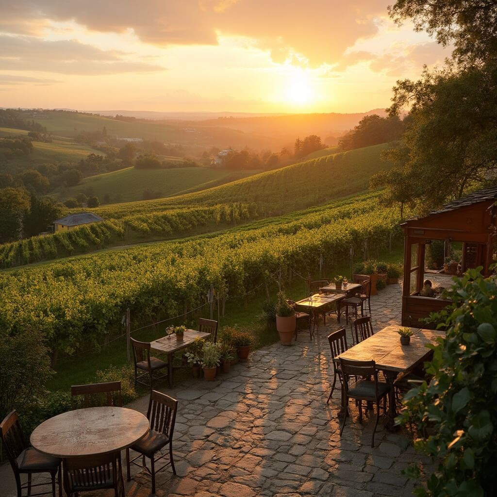 Serene sunset over a Dutch hillside vineyard with grapevines, a rustic stone terrace featuring wooden tables, and Domein Holset's wine cellar in the background amidst lush South Limburg countryside.