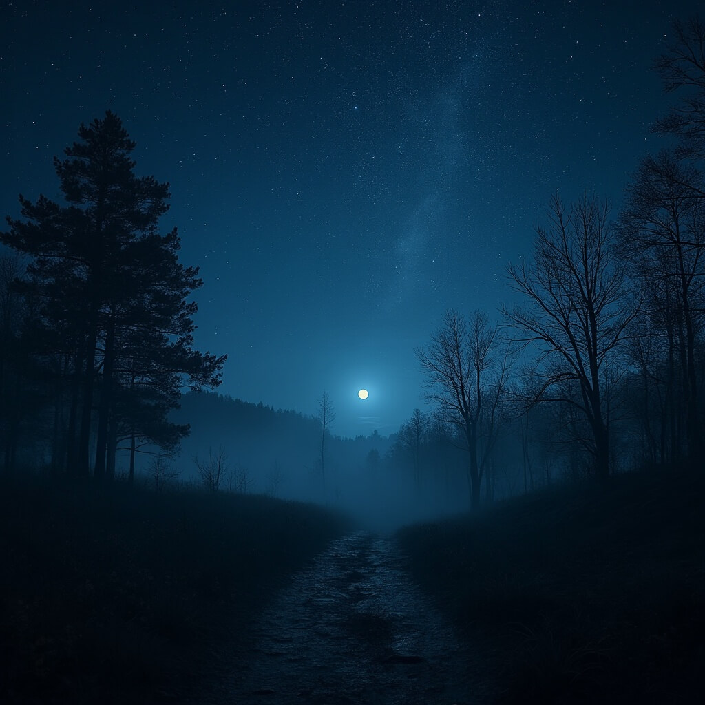 Een gedetailleerd nachtelijk natuurtafereel met een sterrijke hemel boven een afgelegen wildernis, silhouetten van verre bomen, een nauwelijks zichtbaar wandelpad, maanlicht dat zachte schaduwen werpt, in een donkerblauw en zwart kleurenpalet, met een mysterieuze en rustige sfeer die de essentie van een verborgen wandelroute door ongerepte Nederlandse wildernis vastlegt, met een heldere en gedetailleerde astronomische uitstraling.