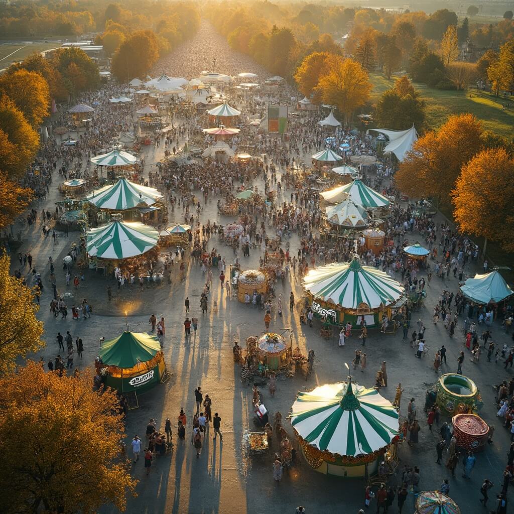 Luchtfoto van een bruisend Oktoberfest terrein in Sittard, met groene eco-vriendelijke stands, zonnepanelen, recyclingstations en menigten in traditionele Beierse kleding, verlicht door het levendige herfstlicht, brede opname die de festivalinfrastructuur en duurzaamheidsinspanningen toont.