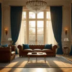 Elegante vintage woonkamer met hoge plafonds, diepe petrolblauwe fluwelen gordijnen en een cognackleurige leren Chesterfield-sofa, verlicht door het gouden uur met warme schaduwen en een kristallen kroonluchter.