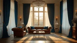 Elegante vintage woonkamer met hoge plafonds, diepe petrolblauwe fluwelen gordijnen en een cognackleurige leren Chesterfield-sofa, verlicht door het gouden uur met warme schaduwen en een kristallen kroonluchter.