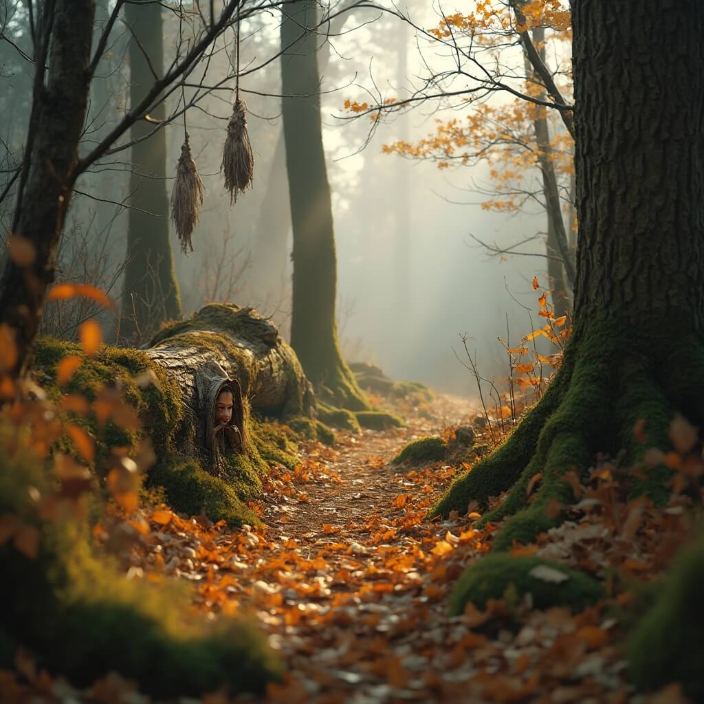 Betoverend bospad in de herfst met gouden gevallen bladeren op de grond, zonlicht dat door kale takken filtert, een met mos bedekte omgevallen boomstam met een klein houten gnome figuurtje dat erachteruit gluur, mistige bosatmosfeer met zachte aardetinten.