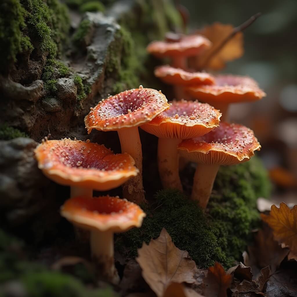 Close-up macrofoto van kleurrijke, exotische paddenstoelen die groeien tussen boomwortels, met rijke herfstkleuren van diep rood, oranje en bruin, zacht gediffuus licht dat de delicate texturen en vormen van wilde paddenstoelen benadrukt, met de bosgrond bedekt met gevallen bladeren en mos.