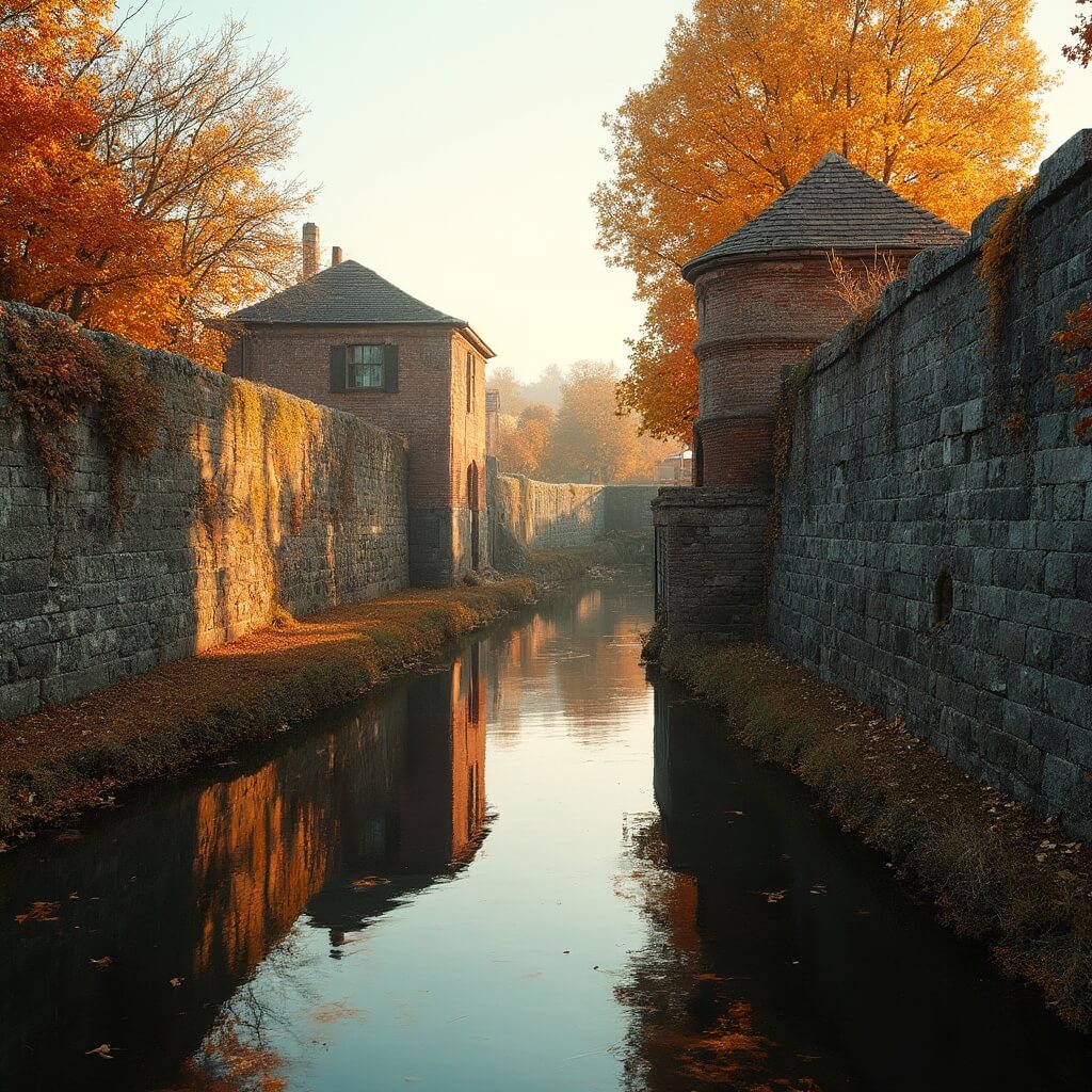 A serene autumn scene of historic fortress walls, featuring ancient brick structures and guard houses, with vibrant fall foliage mirrored in calm moat waters and golden evening light casting shadows over the stone fortifications.
