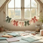 Hyperrealistische foto van een gezellige zolderwerkplek voor knutselen, met een vintage houten werktafel vol kleurrijke viltvellen en handgemaakte strikgarren. Zacht ochtendlicht stroomt door het dakraam, terwijl pastelkleuren in saliegroen en blushroze overheersen. Retro koperen scharen en glazen potten met linten accentueren de rustieke sfeer van de witgewaste houten vloeren.