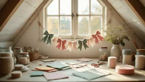 Hyperrealistische foto van een gezellige zolderwerkplek voor knutselen, met een vintage houten werktafel vol kleurrijke viltvellen en handgemaakte strikgarren. Zacht ochtendlicht stroomt door het dakraam, terwijl pastelkleuren in saliegroen en blushroze overheersen. Retro koperen scharen en glazen potten met linten accentueren de rustieke sfeer van de witgewaste houten vloeren.
