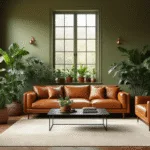 Hyperrealistische foto van een stijlvolle woonkamer in mid-century modern stijl, met olijfgroene muren, een vintage cognac leren bank, veel monstera en vijgenplanten, hoge plafonds, en natuurlijke middagzon die door grote ramen valt.