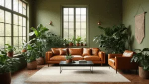 Hyperrealistische foto van een stijlvolle woonkamer in mid-century modern stijl, met olijfgroene muren, een vintage cognac leren bank, veel monstera en vijgenplanten, hoge plafonds, en natuurlijke middagzon die door grote ramen valt.