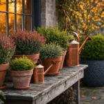 A rustic Dutch garden terrace at dusk featuring terracotta pots with Calluna, Erica, and Skimmia on a wooden plant table, warm LED lighting, vintage copper watering can, modern dark grey geometric planters with evergreen shrubs, antique metal garden tools, and natural autumn decorations amid textured stone pavers and a whitewashed wall.
