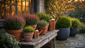 A rustic Dutch garden terrace at dusk featuring terracotta pots with Calluna, Erica, and Skimmia on a wooden plant table, warm LED lighting, vintage copper watering can, modern dark grey geometric planters with evergreen shrubs, antique metal garden tools, and natural autumn decorations amid textured stone pavers and a whitewashed wall.