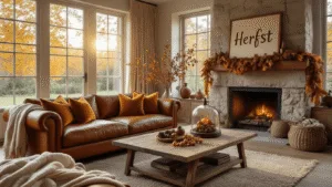 A spacious Dutch living room bathed in golden hour sunlight, featuring a cognac leather sofa with terra cotta and mustard yellow cushions, a rustic oak coffee table with autumn-themed letter art, a natural stone fireplace adorned with earth-toned felt garland, and warm, atmospheric lighting highlighting layered textures and vintage copper accents.