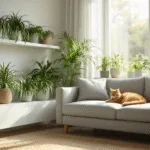 Fotorealistische afbeelding van een lichte Scandinavische woonkamer met ochtendzon die door grote ramen schijnt, diverse huisdiervriendelijke planten zoals Spider Plants en Areca Palms op witte planken, een grijze linnen hoekbank, en een slaperige gemberkat op de vensterbank, met een mooie bokeh-effect en natuurlijke kleurgradatie.