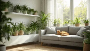 Fotorealistische afbeelding van een lichte Scandinavische woonkamer met ochtendzon die door grote ramen schijnt, diverse huisdiervriendelijke planten zoals Spider Plants en Areca Palms op witte planken, een grijze linnen hoekbank, en een slaperige gemberkat op de vensterbank, met een mooie bokeh-effect en natuurlijke kleurgradatie.