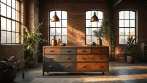 Cinematische wide shot van een industrieel loftinterieur met een vintage metalen en houten dresser tegen blootgestelde bakstenen muren, verlicht door warme omgeving met gouden uurlicht.