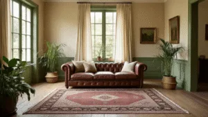 Cinematische foto van een ruime woonkamer uit de jaren '30, gevuld met natuurlijk licht, met hoge ramen, een vintage Chesterfield-bank en een antiek Perzisch tapijt.