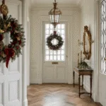 A grand Dutch hallway featuring a classic white-paneled door with an opulent Christmas wreath of evergreen branches, red velvet ribbons, and golden pine cones, illuminated by natural light through leaded glass windows, with herringbone parquet flooring, antique decor, and warm sconce lighting creating a festive atmosphere.