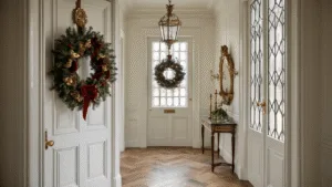 A grand Dutch hallway featuring a classic white-paneled door with an opulent Christmas wreath of evergreen branches, red velvet ribbons, and golden pine cones, illuminated by natural light through leaded glass windows, with herringbone parquet flooring, antique decor, and warm sconce lighting creating a festive atmosphere.