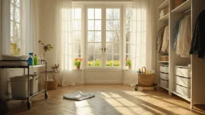Cinematic interior of a sunlit Dutch home during spring cleaning, showcasing a pristine kitchen with a marble countertop, organized cleaning supplies, and blooming tulips visible through crystal-clear windows.