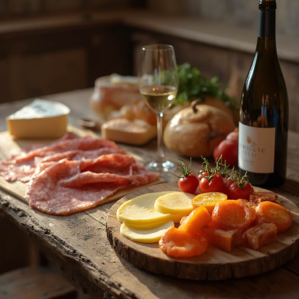 Close-up van een rustieke houten wijnproeftafel met lokaal geproduceerde artisanale charcuterie, regionale kaasselectie, seizoensgebonden producten, zachte natuurlijke verlichting, traditionele Limburgse setting en een warm aardetintpalet, zonder menselijke figuren.