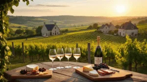 A picturesque vineyard landscape in South Limburg, Netherlands, featuring a wine tasting setup with crystal glasses and a cheese board, set against rolling hills, limestone farmhouses, and grape vines in golden evening light.