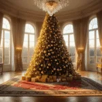 Luxueuze kerstinterieur met een enorme kerstboom, versierd met kristallen en gouden ornamenten, antiek parket en Perzische tapijt, verlicht door warm gouden uurlicht.