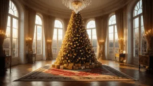Luxueuze kerstinterieur met een enorme kerstboom, versierd met kristallen en gouden ornamenten, antiek parket en Perzische tapijt, verlicht door warm gouden uurlicht.