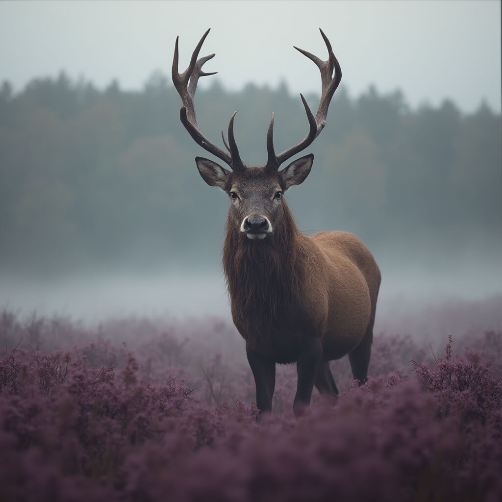 Hyperrealistische afbeelding van een majestueuze rode hert; staande in mistige Veluwe heide, paarse heide op de voorgrond, zacht ochtendlicht, dichte bos op de achtergrond, gedetailleerde vacht, natuurlijke houding, ondiepe scherptediepte, wildlifefotografie stijl, zonder menselijke aanwezigheid.
