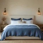 Luxueuze mediterrane slaapkamer met een king-size bed, witte Egyptische katoen beddengoed en diep azuurblauwe steen gewassen linnen dekbed, omgeven door natuurlijke lichtstralen, hoge ramen met sheer witte linnen gordijnen en een warme ambiance van vintage messing wandlampen.