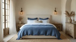Luxueuze mediterrane slaapkamer met een king-size bed, witte Egyptische katoen beddengoed en diep azuurblauwe steen gewassen linnen dekbed, omgeven door natuurlijke lichtstralen, hoge ramen met sheer witte linnen gordijnen en een warme ambiance van vintage messing wandlampen.