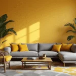 Zonnige mediterrane woonkamer met een okergele accentmuur, moderne grijze L-vormige bank met okergele kussens, rieten accentstoel en vintage houten salontafel met messing details, verlichte door tall windows met witte gordijnen en een grote monstera plant, afgewerkt met een geometrisch grijs en okergeel tapijt.