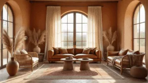 Cinematische opname van een zonovergoten mediterrane woonkamer met terracotta muren, vintage cognac leren bank, natuurlijke rieten bijzettafels, grote ramen met crème linnen gordijnen, versleten Perzisch tapijt op houten visgraatvloer, keramische vaas met gedroogd pampasgras en aardetinten wolken dekens, alles in warme kleurtonen.