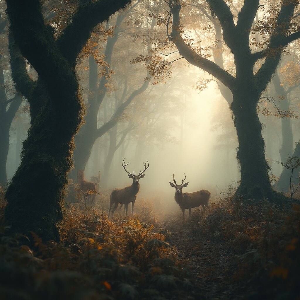 Mistig boslandschap bij zonsopgang met een groep elegante rode herten die grazen tussen verweerde, met mos bedekte bomen, zacht ochtendlicht dat door het dichte loof filtert, herfstkleuren van goud en roest, natuurlijk bosbedekking met varens en vallende bladeren, sfeervol en sereen Nederlands bos.