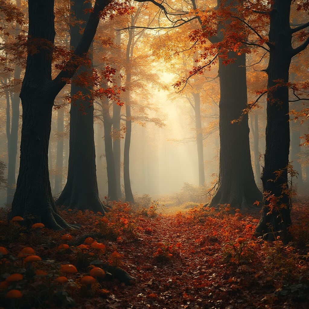 A serene autumn forest in Drents-Friese Wold National Park, showcasing tall beech and oak trees with vibrant golden-orange and deep red leaves, illuminated by soft morning light and ethereal mist, with scattered fallen leaves and wild mushrooms on the damp ground.