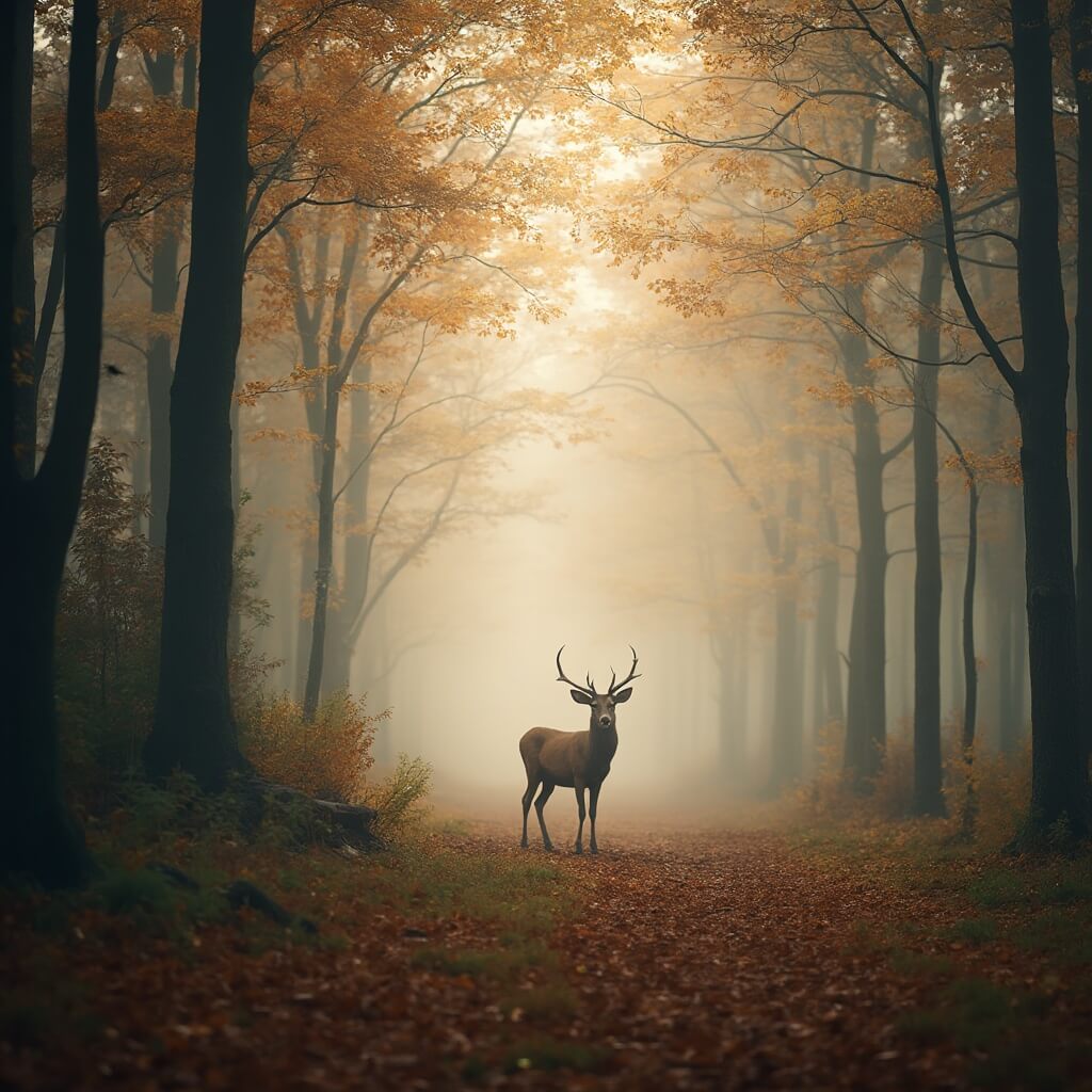 Mistig herfstboslandschap in Nederland met zachte ochtendlicht dat door gouden beukenbomen filtert, een alleenstaande hinde die rustig op de voorgrond staat tussen gevallen bladeren, zachte bruin- en groentinten, atmosferische natuurlijke diepte, realistische natuurfotografie stijl, ondiepe scherptediepte.