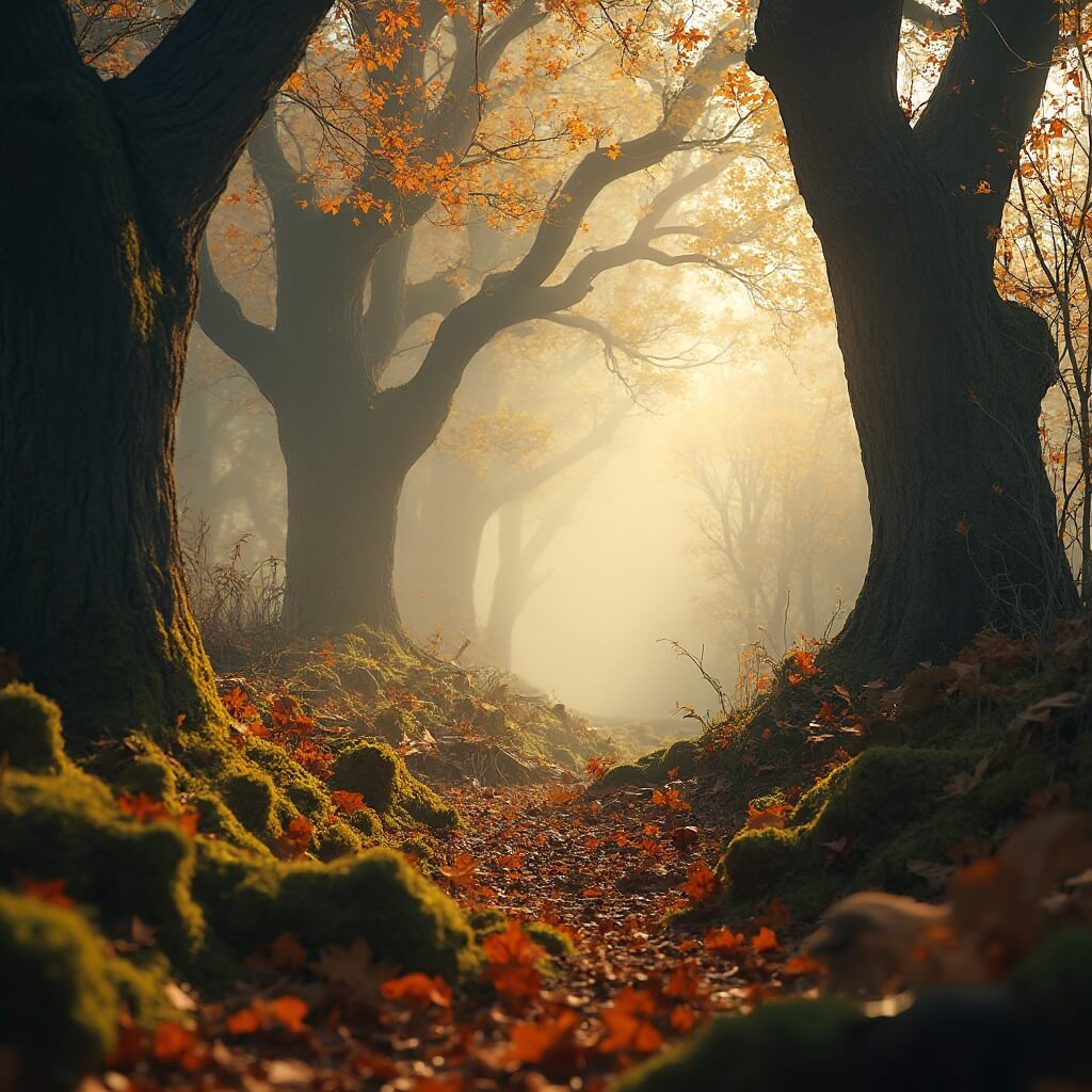 Mistig herfstboslandschap met zachte, diffuus gouden ochtendlicht; gevallen bladeren op de grond; oude eiken met knorrige takken; gedetailleerde bosvloer met paddenstoelen en mos; laag perspectief; hyperrealistische natuurfotografie stijl; scherptediepte die intrigerende bosdetails toont.
