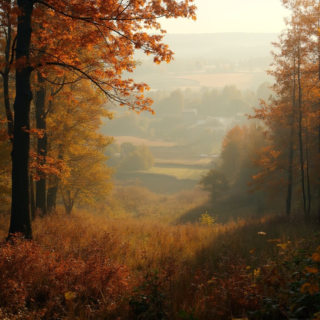 Herfstboslandschap in de regio Springendal, met levendige gouden en roestkleurige bladeren, zacht zonlicht dat door de bomen filtert, mistige ochtend sfeer, glooiend landschap met zachte heuvels, traditionele Nederlandse platteland met hints van landelijke paden en distante boerderijen.