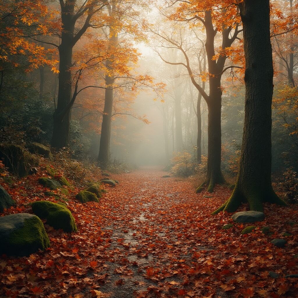 A winding dirt path through the Autumn forest in Springendal nature reserve, blanketed with fallen red and golden leaves, surrounded by tall trees with vibrant fall foliage, wild mushrooms at the edges, and a misty morning atmosphere illuminated by soft natural light filtering through the branches.