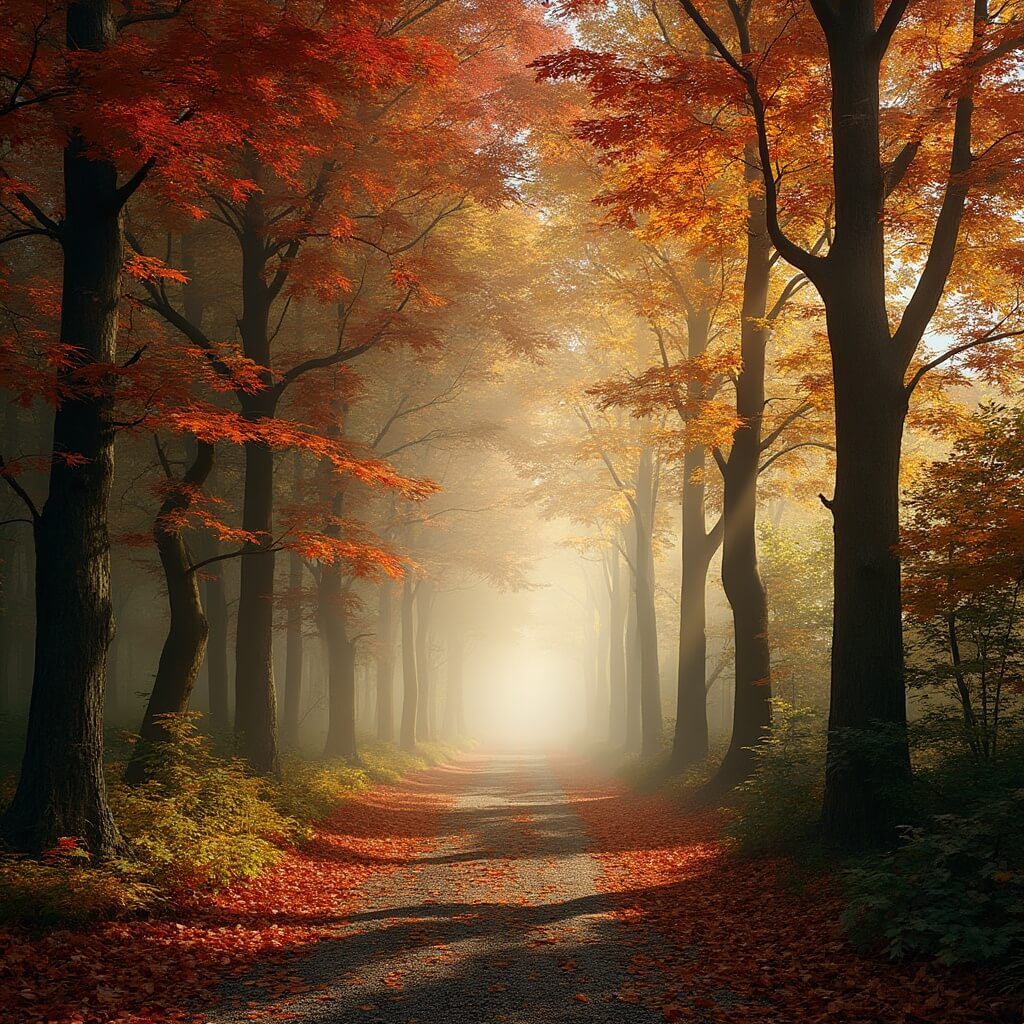 A picturesque autumn forest path in the Veluwe near Apeldoorn, showcasing American oak trees with bright red, orange, and yellow leaves, a winding gravel bicycle path, and morning mist creating a mystical atmosphere.