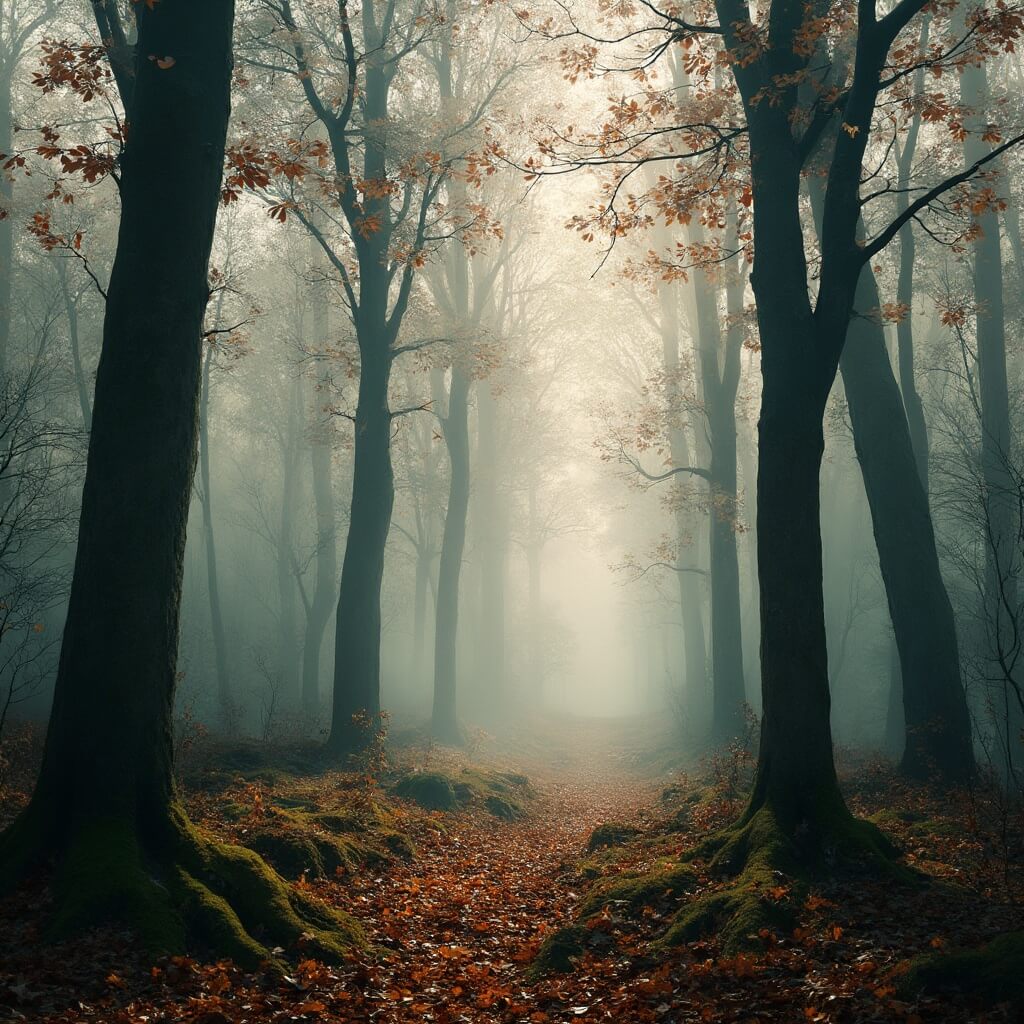 Mistig herfstbos met kastanjebomen, zacht ochtendlicht dat door de takken filtert, gedetailleerde bosgrond met verspreide kastanjes en mos bedekt, fotorealistisch Nederlands landschap in de vroege ochtend.