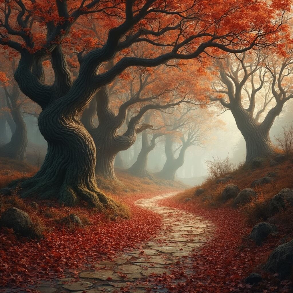 A winding woodland path through gnarled beech trees, adorned with vibrant autumn leaves in shades of deep red and amber, set against gentle hills shrouded in mist, evoking a fairytale atmosphere.
