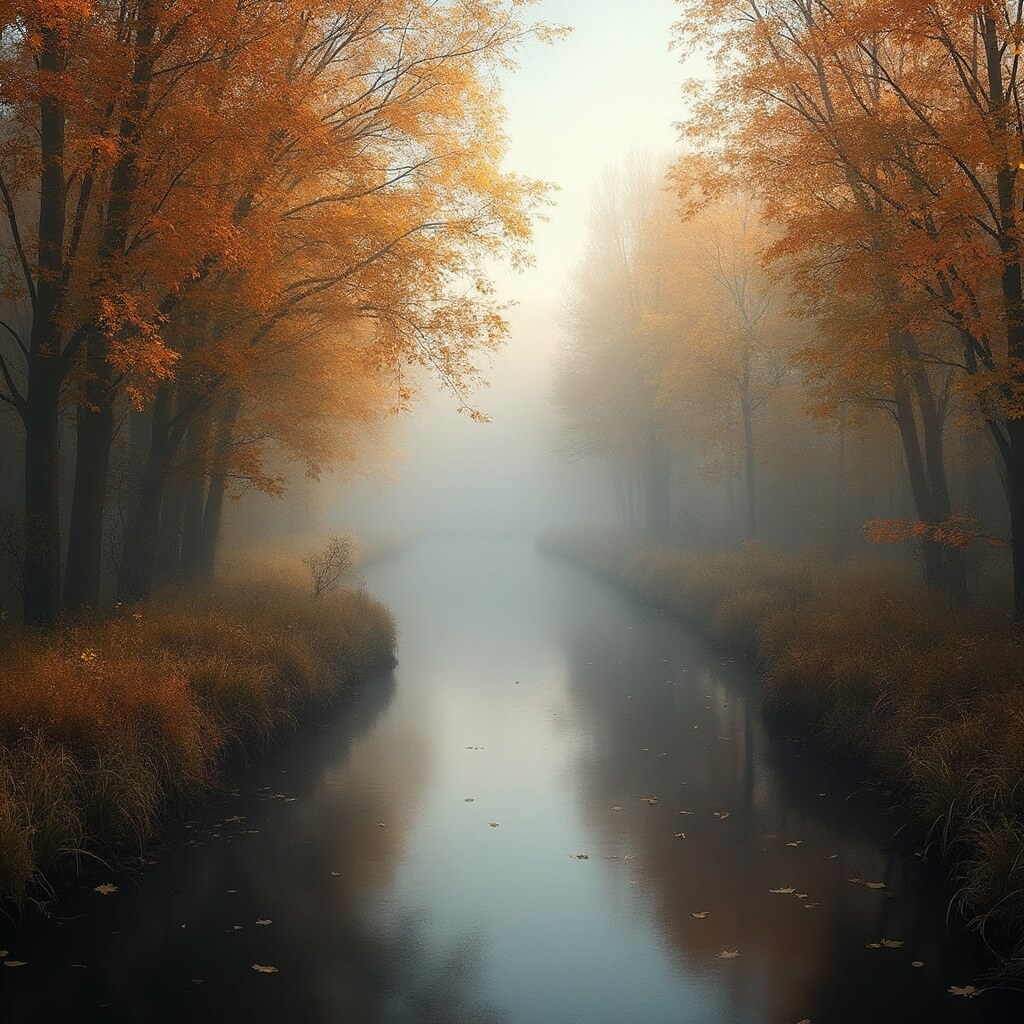 A serene autumn morning in Biesbosch National Park, featuring a misty creek winding through dense willows with golden-orange foliage, illuminated by soft sunlight filtering through the fog, creating a tranquil atmosphere with reflections of vibrant fall colors on the water surface.