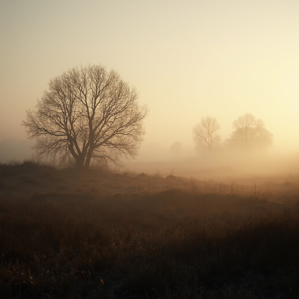 De Herfstwandeling die je Nooit Zal Vergeten: Ontdek de Magische Amsterdamse Waterleidingduinen! Mistig herfstlandschap in Nederlandse zandduinen in de vroege ochtend, met zachte gouden lichtstralen die door kale takken filteren, dauwdruppels op het gras, glooiende terrein met verspreide bomen, atmosferisch perspectief met een zachte focus en lage verzadiging in bruin- en grijstinten, zonder zichtbare mensen.