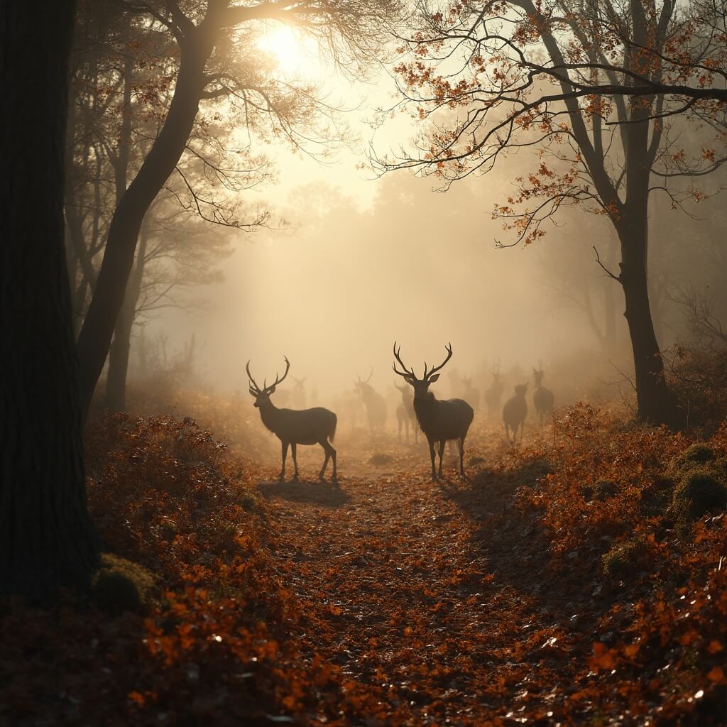 De Herfstwandeling die je Nooit Zal Vergeten: Ontdek de Magische Amsterdamse Waterleidingduinen! A misty autumn morning in coastal dunes, featuring golden sunlight filtering through bare tree branches and a carpet of rich orange and brown fallen leaves, scattered with wild mushrooms. Fallow deer emerge from the fog in the distance, creating a mystical atmosphere.