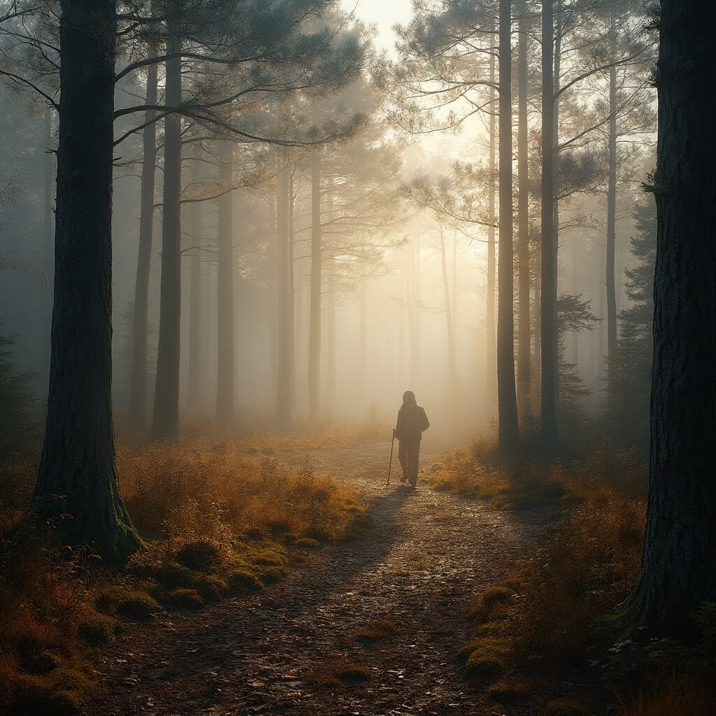 Een mistig boslandschap bij zonsopgang in Nederland, met kronkelige wandelpaden door dichte herfstbossen, zachte goud-oranje herfstbladeren, hoge dennenbomen met met dauw bedekte mos, zwak ochtendlicht dat door de takken filtert, zachte grond met gevallen bladeren, een sfeervolle en serene natuurlijke omgeving, in hoge details en realistische landschap fotografie stijl.