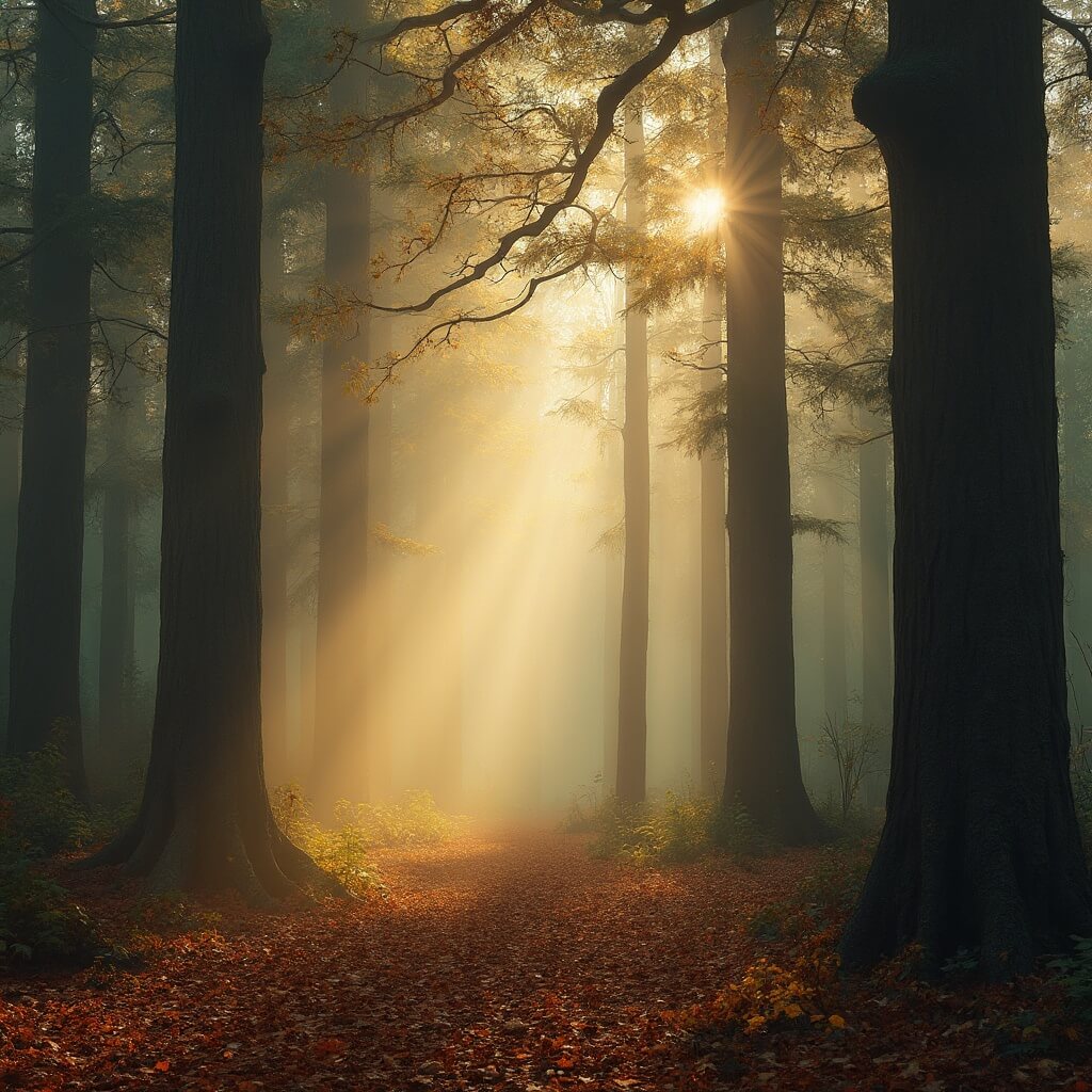 A misty autumn morning in a historic Dutch forest, with tall ancient pine and beech trees, golden sunlight filtering through the canopy, illuminating fallen chestnuts and colorful autumn leaves, and damp fog hovering between the tree trunks.