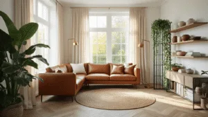 Cinematic interior of a modern Dutch living room featuring floor-to-ceiling windows, a cognac leather sofa, jute rug, large Monstera plant, and brass accents, illuminated by golden afternoon light.