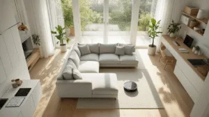 A bright and modern Dutch living room and kitchen featuring a light grey bouclé sectional sofa, sleek robot vacuum, minimalist white desk with digital planners, smart home appliances with copper accents, and organized storage solutions, bathed in morning sunlight through large windows.