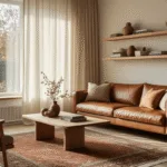 A cozy Dutch Scandinavian living room bathed in morning sunlight, featuring a cognac leather sofa adorned with natural linen cushions, a vintage Persian rug, and floating oak shelves showcasing ceramics and art books, all presented in warm earth tones and soft terracotta accents.