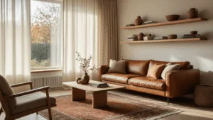 A cozy Dutch Scandinavian living room bathed in morning sunlight, featuring a cognac leather sofa adorned with natural linen cushions, a vintage Persian rug, and floating oak shelves showcasing ceramics and art books, all presented in warm earth tones and soft terracotta accents.